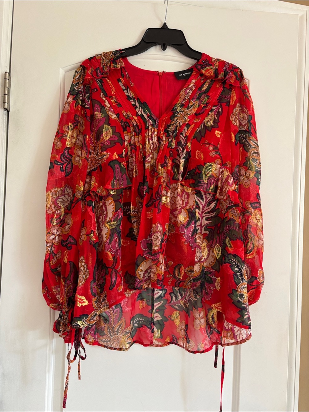 The Kooples Red Floral Ruffle V-Neck Blouse